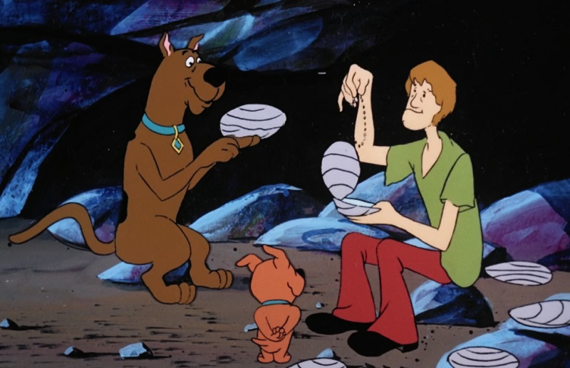 Shaggy holding pearls in abalone