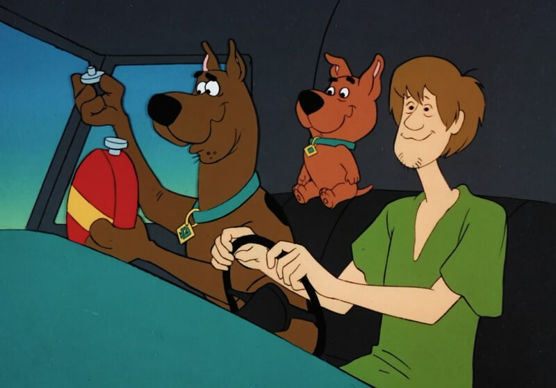Scooby, Shaggy and Scrappy driving