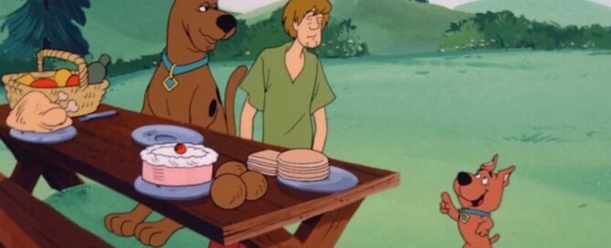 Scooby on a picnic with Scrappy