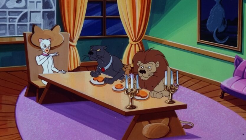 Lion, Panther and Housecat enjoying a steak