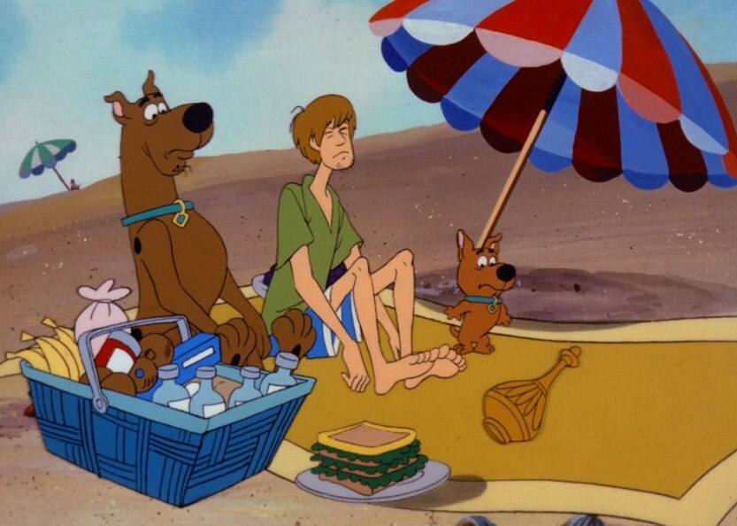 Scooby, Shaggy and Scrappy on the beach
