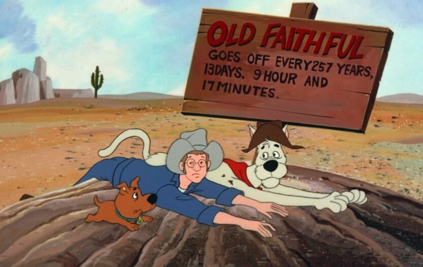 Scrappy about to be blasted by Old Faithful