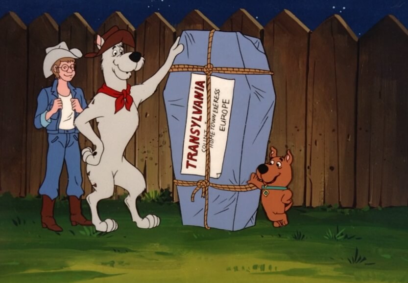 Yabba with a coffin that is ready to mail to Transylvania