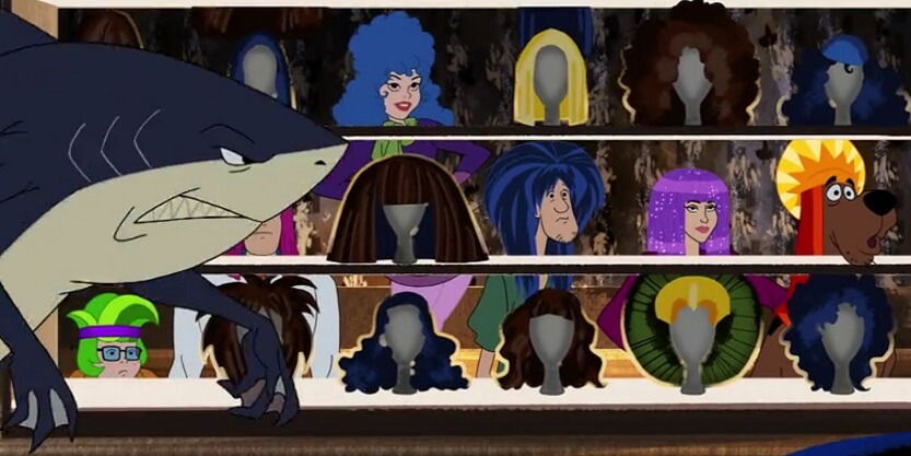 entire gang disguise themselves as wig mannequin heads.