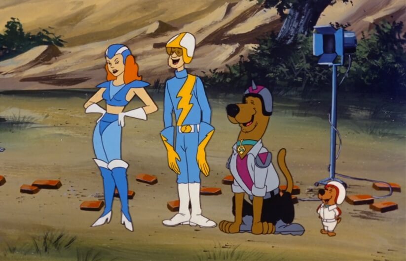 The gang in their stunt costumes