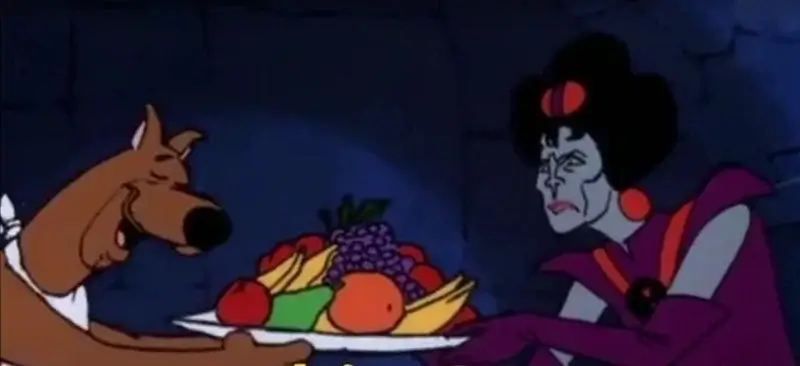 Black Widow passing Scooby a bowl of fruit